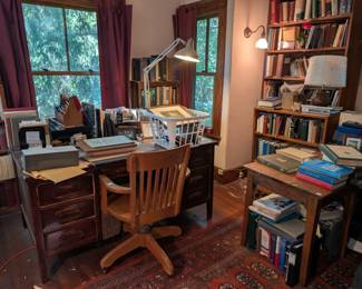 desk, office, books