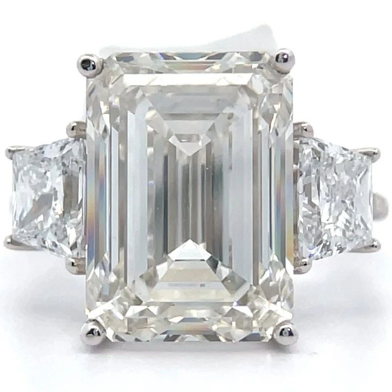 12.42 Carat Diamond Emerald & Trapezoid Three-Stone Ring in 14k White Gold