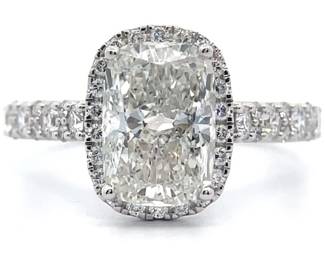 3 Carat Diamond Elongated Cushion Halo Pavé Cathedral Ring in 14k White Gold w/ IGI Report