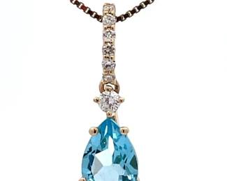 0.83 Carat Natural Blue Topaz Pear & Diamond Drop Pendant in 14k Yellow Gold