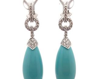Turquoise Cabochon Briollette & Natural Diamond Dangle Earrings in 14k White Gold