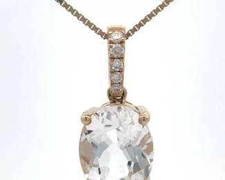 Oval Cut White Topaz & Natural Diamond Pendant in 14k Yellow Gold
