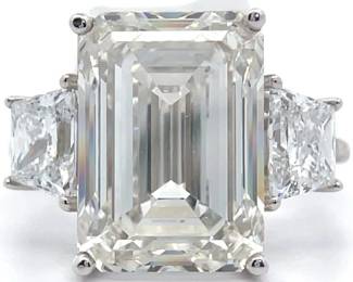 12.42 Carat Diamond Emerald & Trapezoid Three-Stone Ring in 14k White Gold