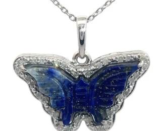Natural Lapis Lazuli & Natural Diamond Carved Butterfly Pendant Necklace