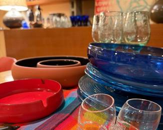 Bortner and Bortner chips and dip bowl. Rosenthal Egg shot glasses. Mexican blown glass