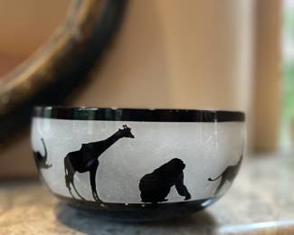 Correia etched glass safari bowl. signed and numbered