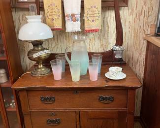 Antique Wash Stand, 50’ Glass and Pitcher Set and Vintage Oil Lamp