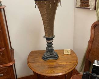Ornate Torchiere Lamp / Oak Drop Leaf Table