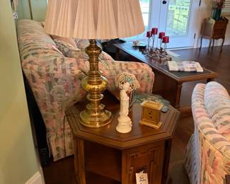 end table, brass lamp, decor
