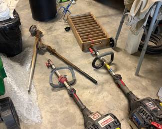 weed eaters and parts, old milk can