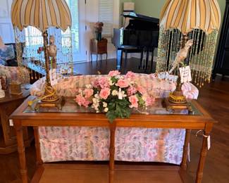 lamps, sofa table, floral