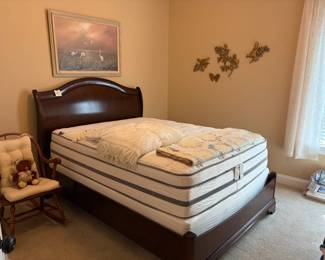queen sleigh bed, rocker, painting