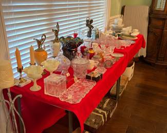 decor, glassware, carnival glass, china