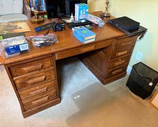 nice oak desk, samsung tablet, lamps vintage books