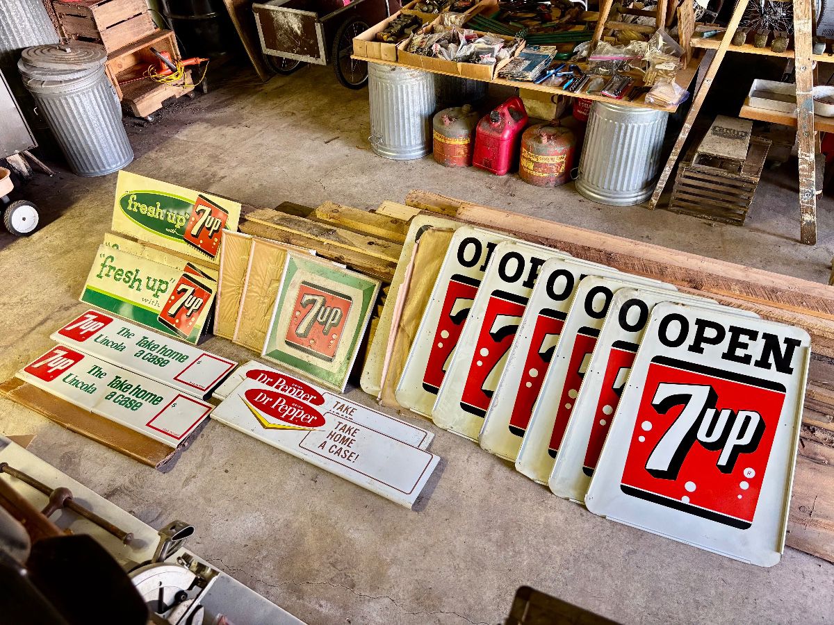 Amazing selection of vintage 7up and Dr. Pepper signs!  All from early to mid 1960s, some are New Old Stock!