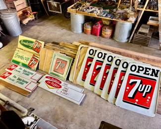 Amazing selection of vintage 7up and Dr. Pepper signs! All from early to mid 1960s, some are New Old Stock!