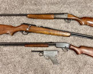 Savage model 220A .410 shotgun, Marlin model 81 bolt action .22, Sears & Roebuck model 420 pump .22, and Boone spring action BB pistol