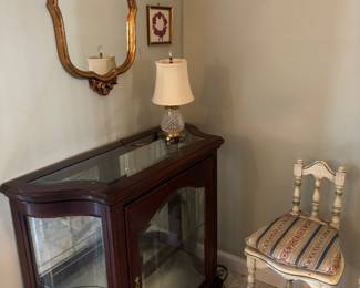 Vintage small mahogany curio and antique ladies chair