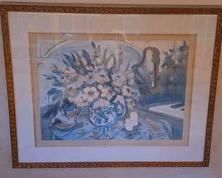 56  Framed Blue and White Floral Still Life Art