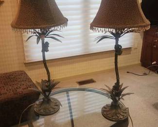 151  Pair Tropical Palm Tree Lamps with Leopard Print Shades