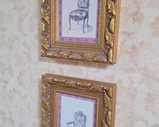 65  Set of 2 Vintage Framed Chair Prints in Ornate Gold Frames