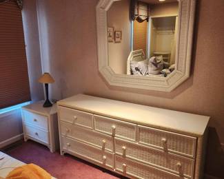 179  White Wicker Bedroom Set  Dresser, Nightstand, Bed backboardframe and Mirror