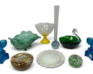 Colored Glass Ash Trays, Candle Holders, More