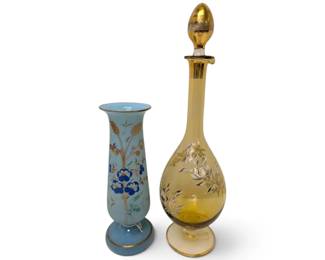 Antique Floral Blue Satin Bristol Glass Vase Yellow Decanter