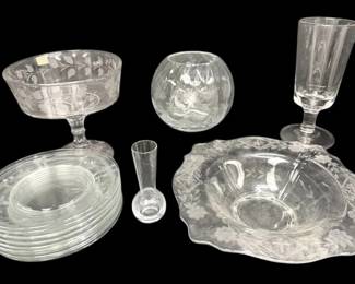 Floral Etched Glass Plates, Bowls, More