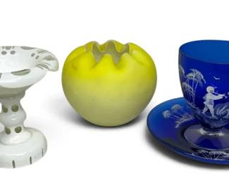 Colored Glass Tea Cup, Ruffled Vase, More