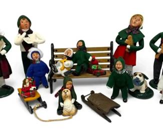 Byers Choice The Carolers Dolls, Cast Iron Bench More