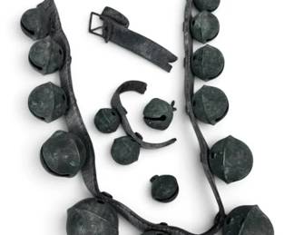 Antique Brass Sleigh Bells Attached To Aged Leather Harness Strap