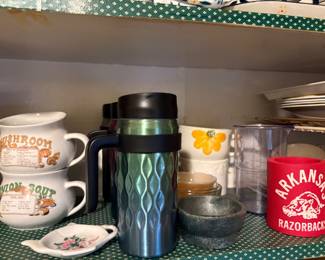 Soup tureens, insulated drink containers with handles, bowls, cups, Razorback coozie