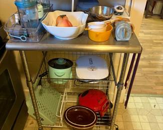 Silver cart & kitchen items