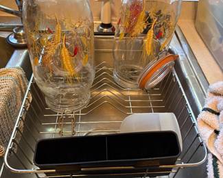 2 nice fall large jars with lids, sink insert drainer