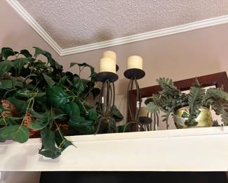 Artificial decor, candles on stands, artifial plant in nice bowl - wood rimmed mirror
