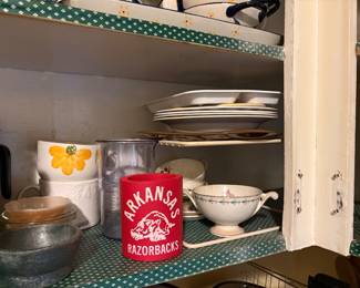 Dishes in corner of cabinet