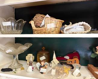 Left side of 2 shelves - basket, bowl, churches & more