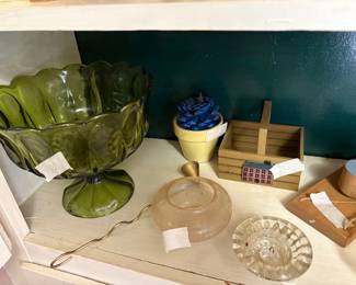 Glassware, oval open top bowl & ashtray in front of+ flower pot, basket & more