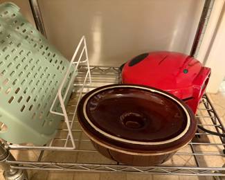 Items on silver cart - glazed bowl with lid, fryer