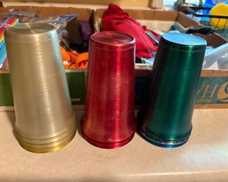 Vintage metal glasses - 3 gold, 2 red, & blue on bottom stack & 2 green