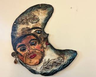 Vintage Mexican Guerrero Copper Moon Face Wall Plaque