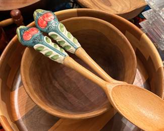 Vintage Hand Painted Ceramic and Wood Salad Servers - Positano, Italy Style