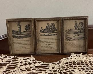 Set of Three Vintage Nursery Rhyme Framed Prints - Willy Boy, Old Woman Who Lived in a Shoe, Sing a Song of Sixpence