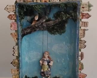Mixed Media Shadowbox Art Piece with Dual-Sided Folk Art