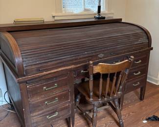 Antique Oak Roll-Top Desk and Spindle Chair