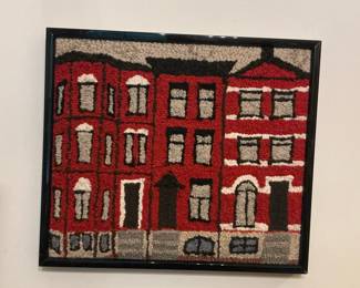 Vintage Jelly Bean Row House Hooked Rug Wall Hanging