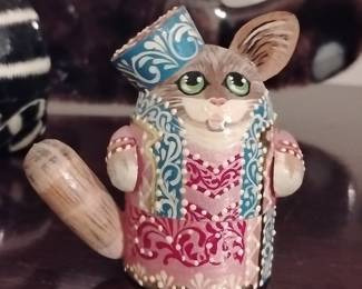Russian Hand-Painted Wooden Mouse Figurine by E. Gerasimova