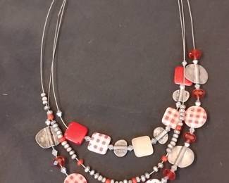 Multi-Strand Beaded Necklace with Red and White Checkered Beads