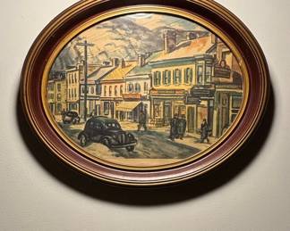 Vintage American Townscape Watercolor in Oval Frame